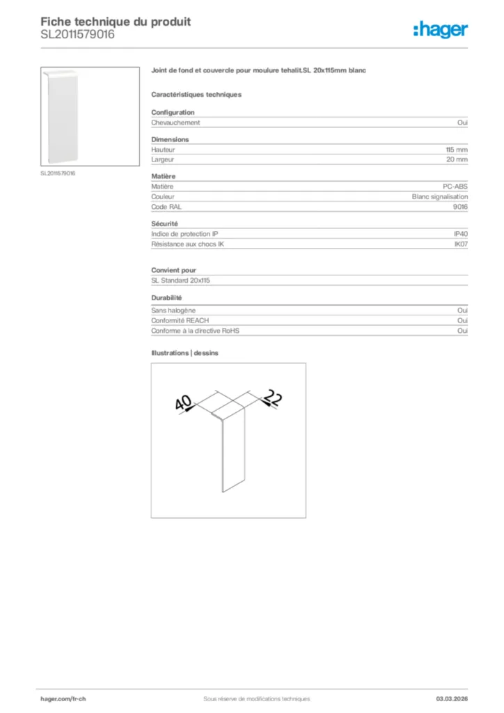 Image Hager Fiche technique du produit SL2011579016 | Hager Suisse