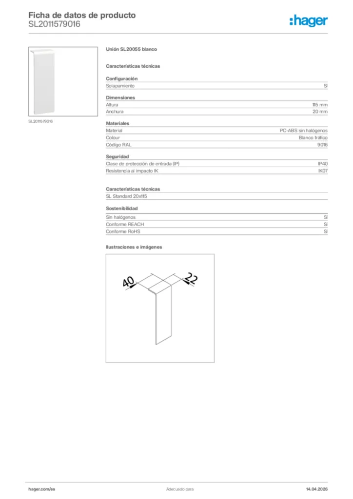 Imagen Hager Ficha de datos de producto SL2011579016 | Hager España