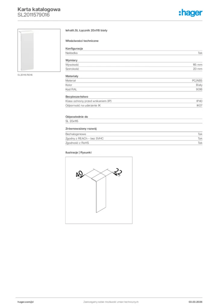 Zdjęcie Hager Karta katalogowa SL2011579016 | Hager Polska