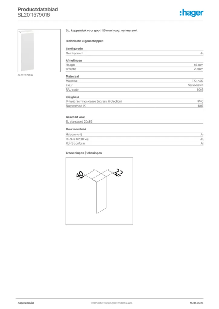 Afbeelding Hager Productdatablad SL2011579016 | Hager Nederland