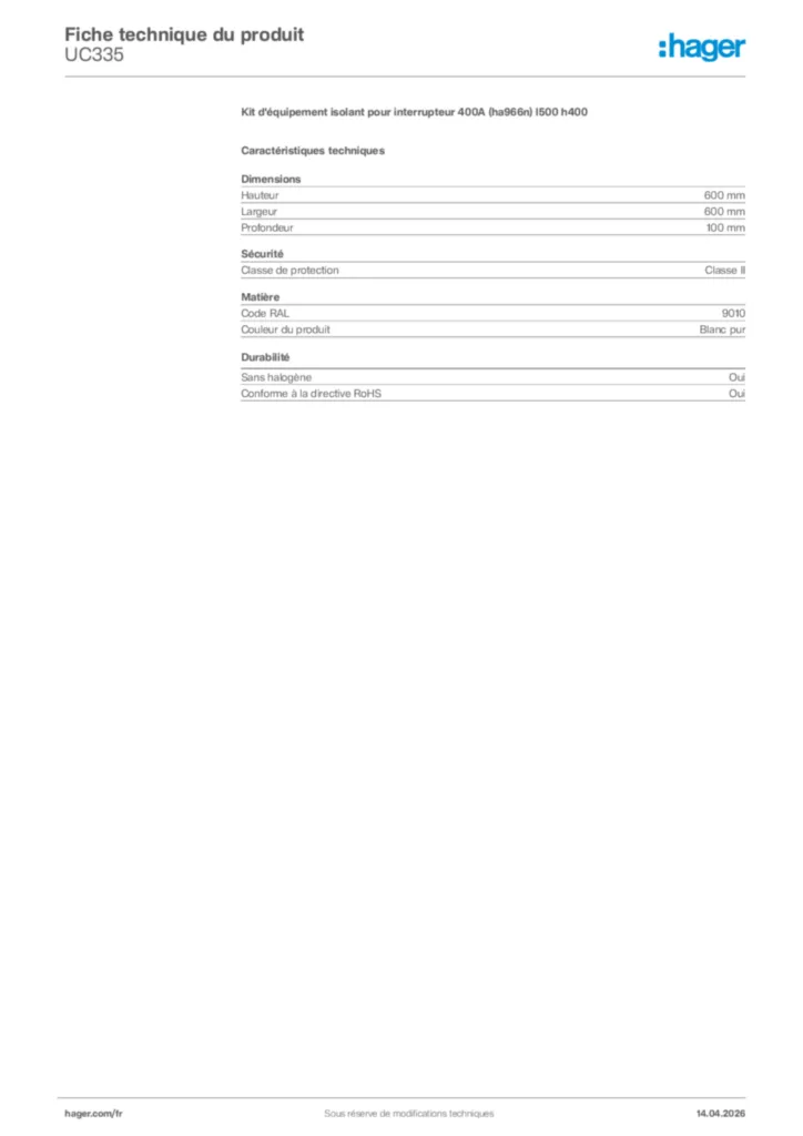 Image Hager Fiche technique du produit UC335 | Hager France