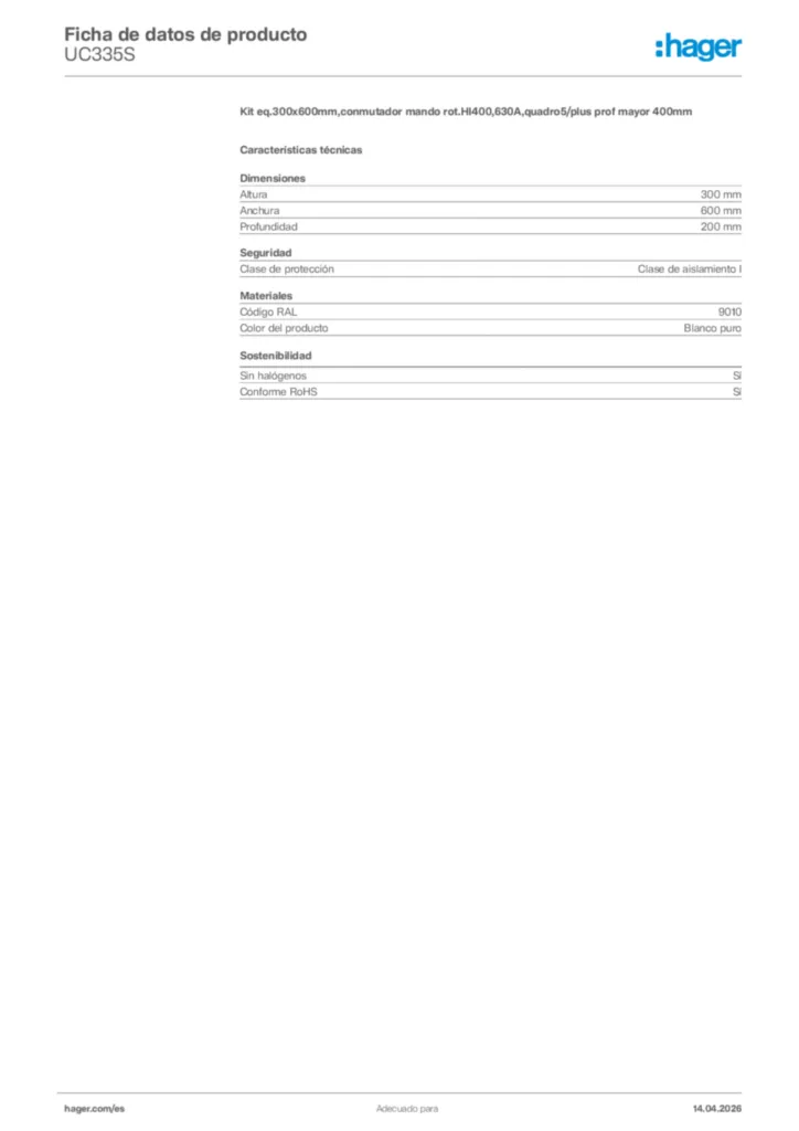 Imagen Hager Ficha de datos de producto UC335S | Hager España