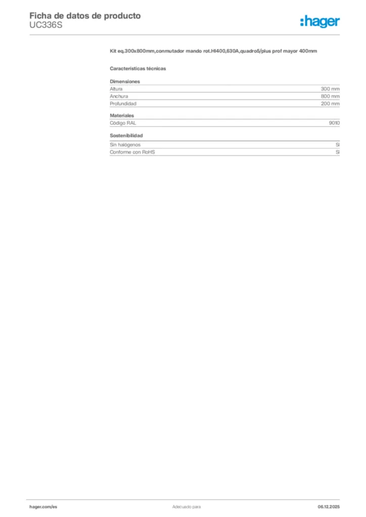 Imagen Hager Ficha de datos de producto UC336S | Hager España