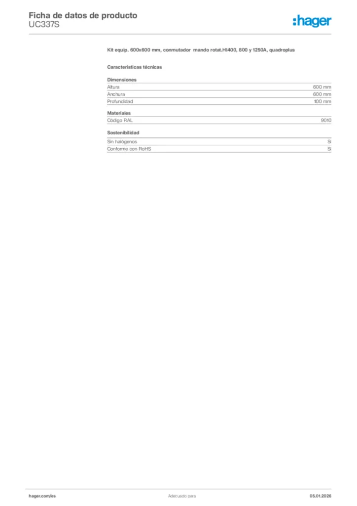 Imagen Hager Ficha de datos de producto UC337S | Hager España