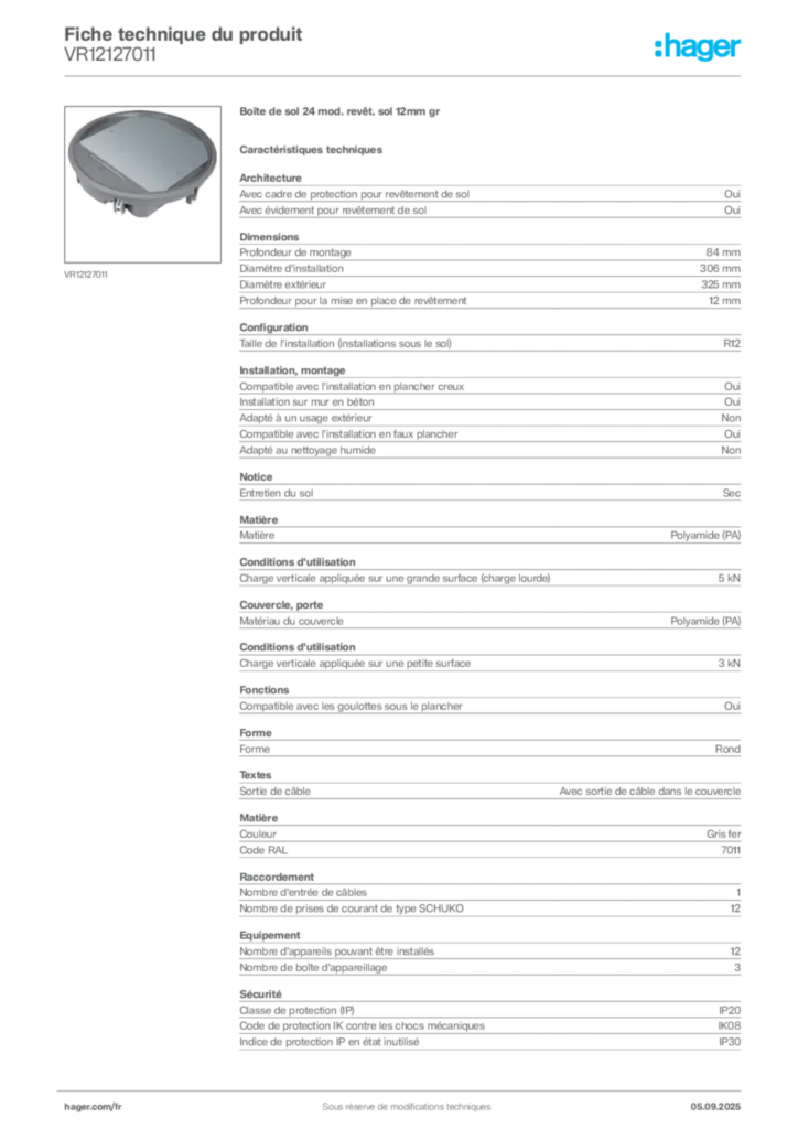Image Hager Fiche technique du produit VR12127011 | Hager France