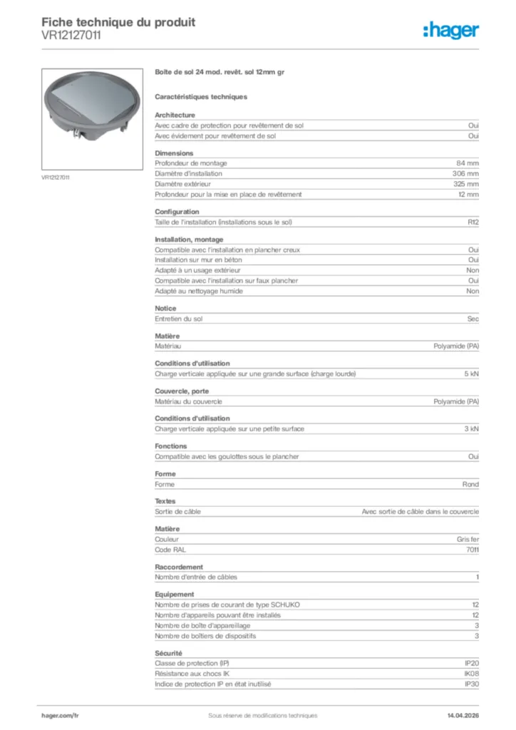 Image Hager Fiche technique du produit VR12127011 | Hager France