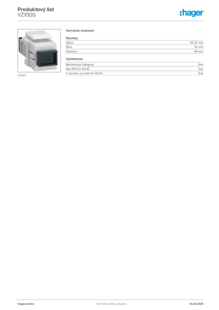 Obrázek Hager Product data sheet VZ10DS | Hager