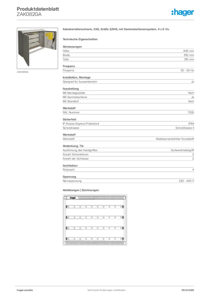 Bild Hager Produktdatenblatt ZAK082GA | Hager Deutschland