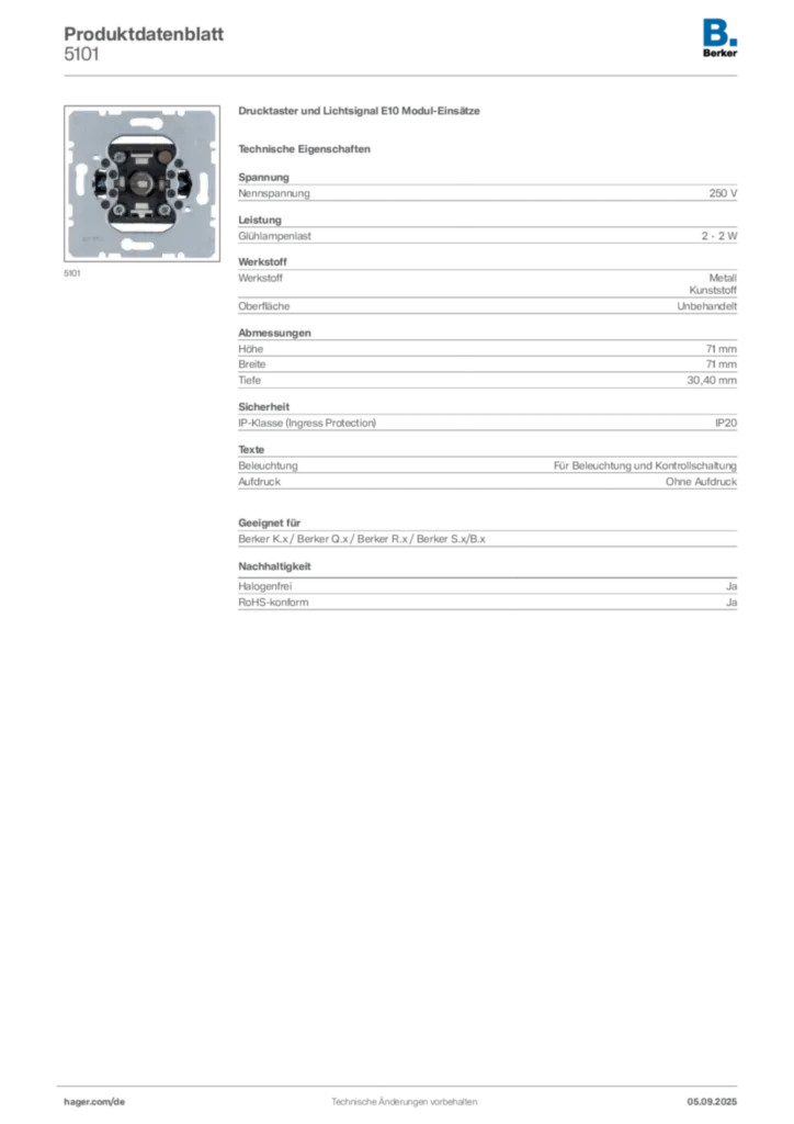 Bild Berker Produktdatenblatt 5101 | Hager Deutschland