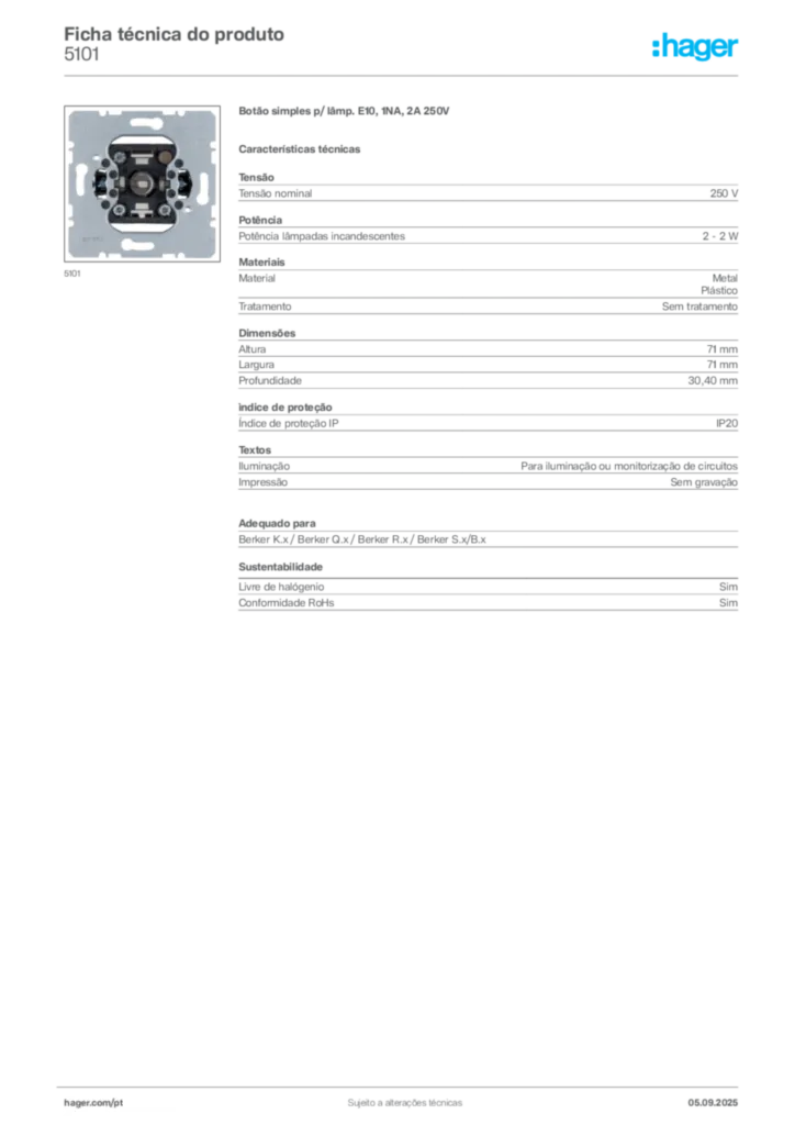 Imagem Hager Ficha técnica do produto 5101 | Hager Portugal