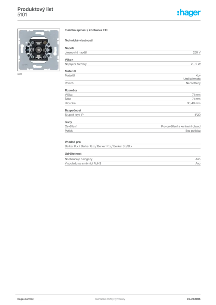 Obrázek Hager Produktový list 5101 | Hager
