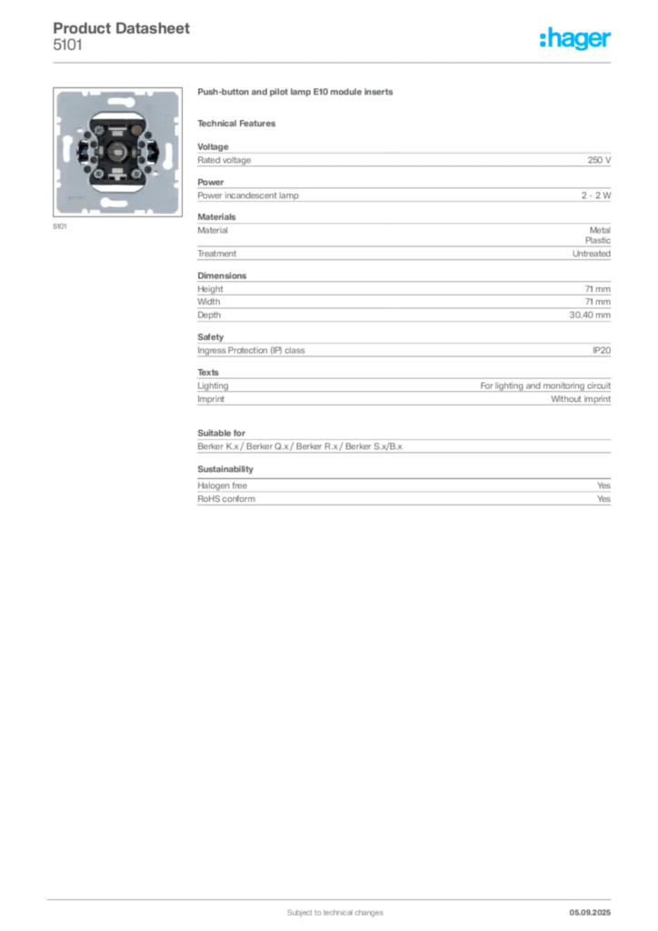 Image Hager Product data sheet 5101  | Hager