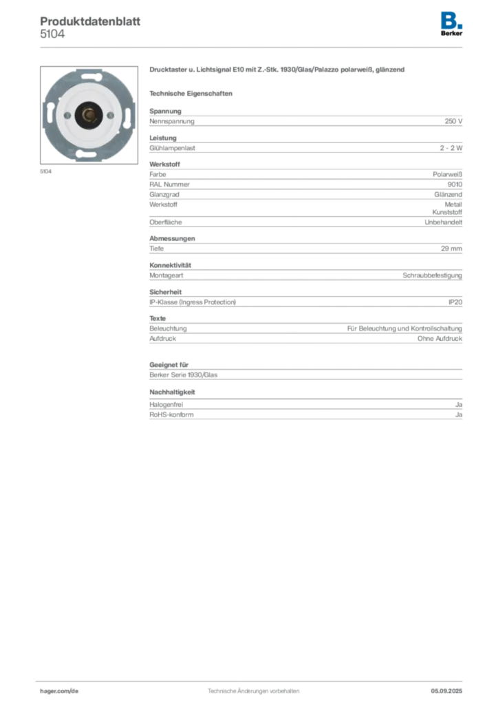 Bild Berker Produktdatenblatt 5104 | Hager Deutschland