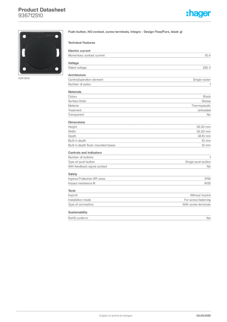 Image Hager Product data sheet 936712510  | Hager