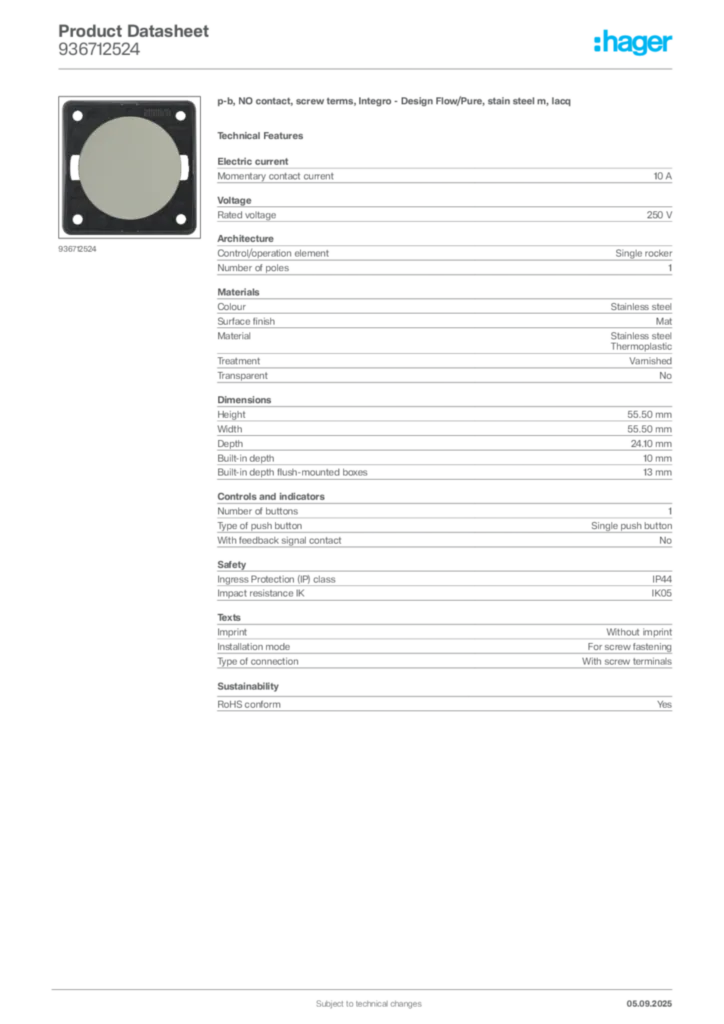 Image Hager Product data sheet 936712524  | Hager
