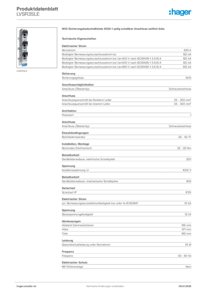 Bild Hager Produktdatenblatt LVSR3SLE | Hager Schweiz