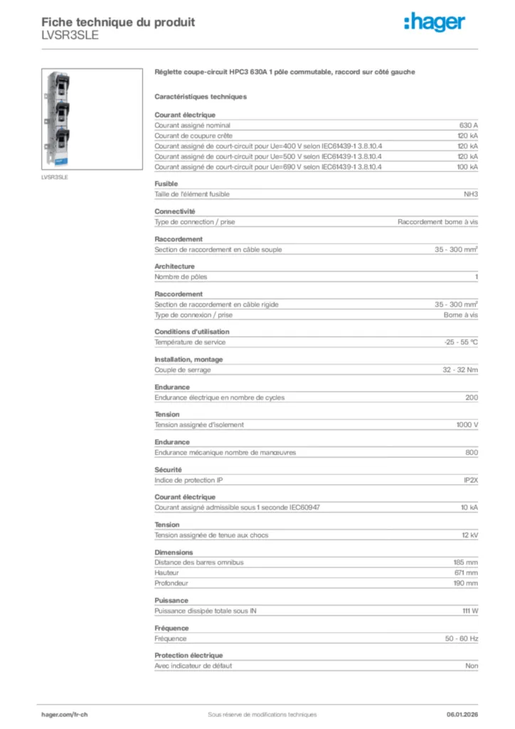 Image Hager Fiche technique du produit LVSR3SLE | Hager Suisse