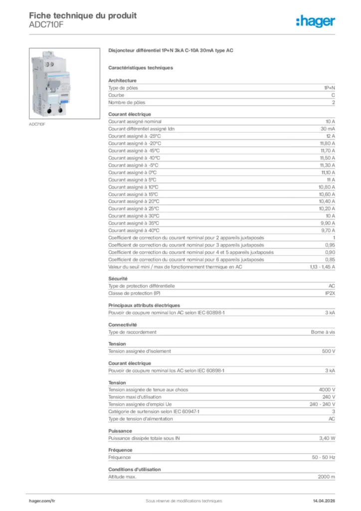 Image Hager Fiche technique du produit ADC710F | Hager France