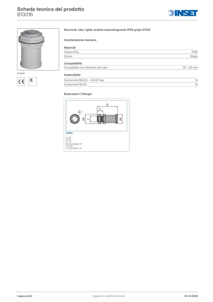 Immagine Inset Scheda tecnica del prodotto B13016 | Hager Italia