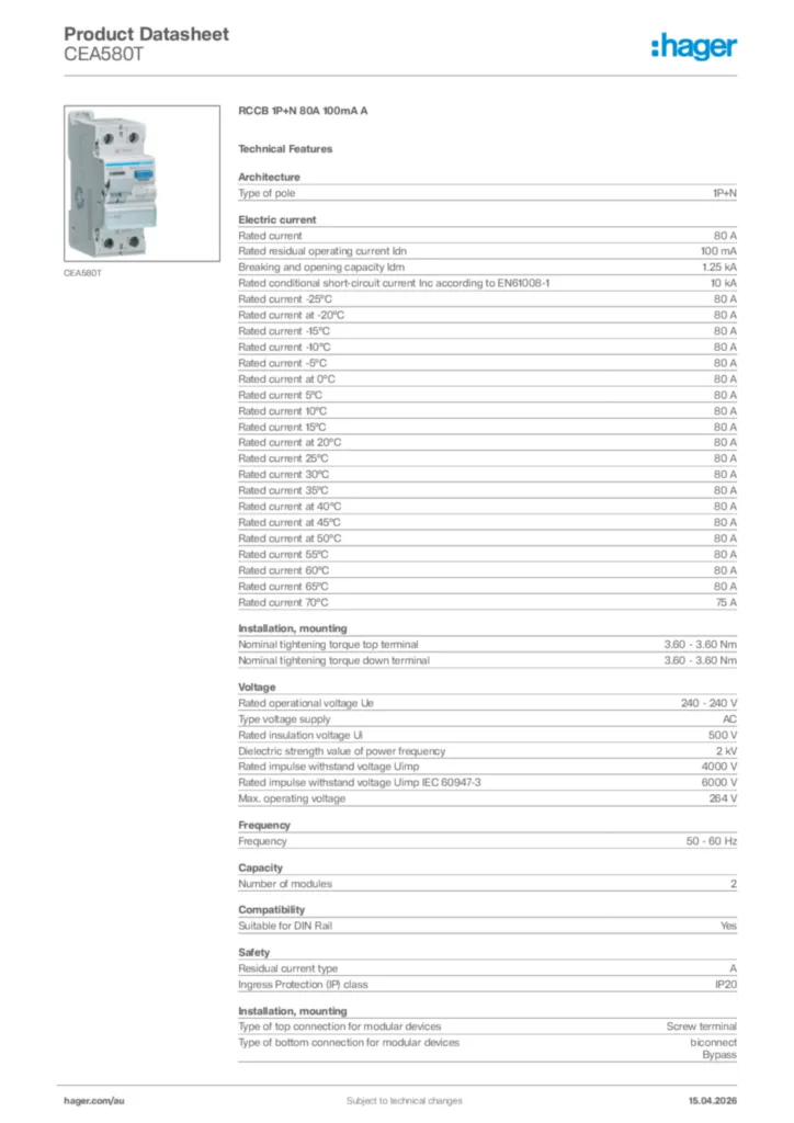 Image Hager Product data sheet CEA580T  | Hager Australia