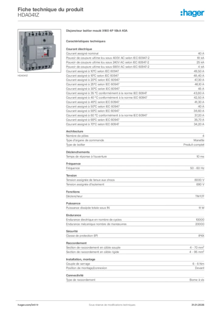 Image Hager Fiche technique du produit HDA041Z | Hager Afrique
