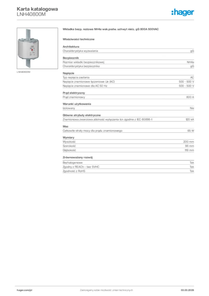 Zdjęcie Hager Karta katalogowa LNH40800M | Hager Polska