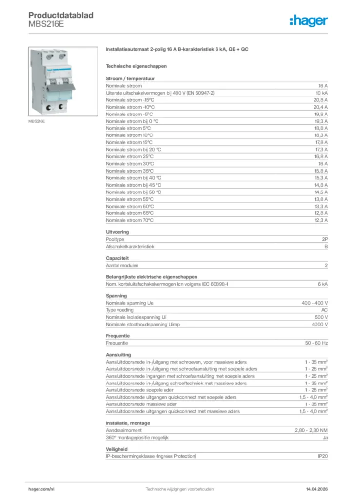 Afbeelding Hager Productdatablad MBS216E | Hager Nederland