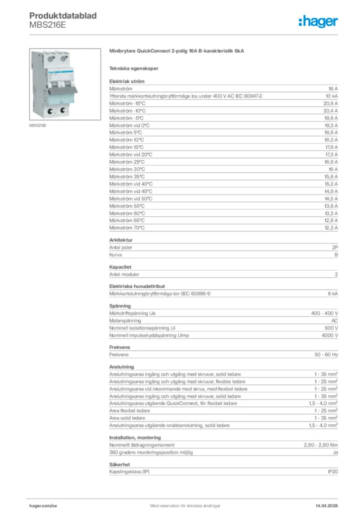 Bild Hager Produktdatablad MBS216E | Hager Sverige