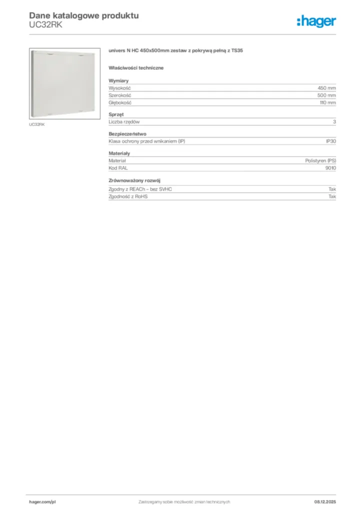 Zdjęcie Hager Karta katalogowa UC32RK | Hager Polska