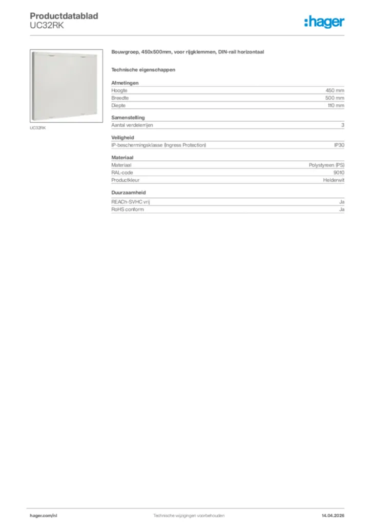 Afbeelding Hager Productdatablad UC32RK | Hager Nederland