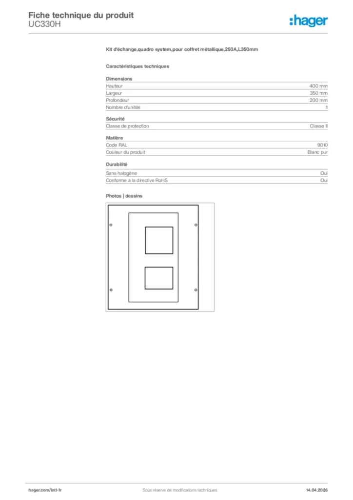 Image Hager Fiche technique du produit UC330H | Hager Afrique