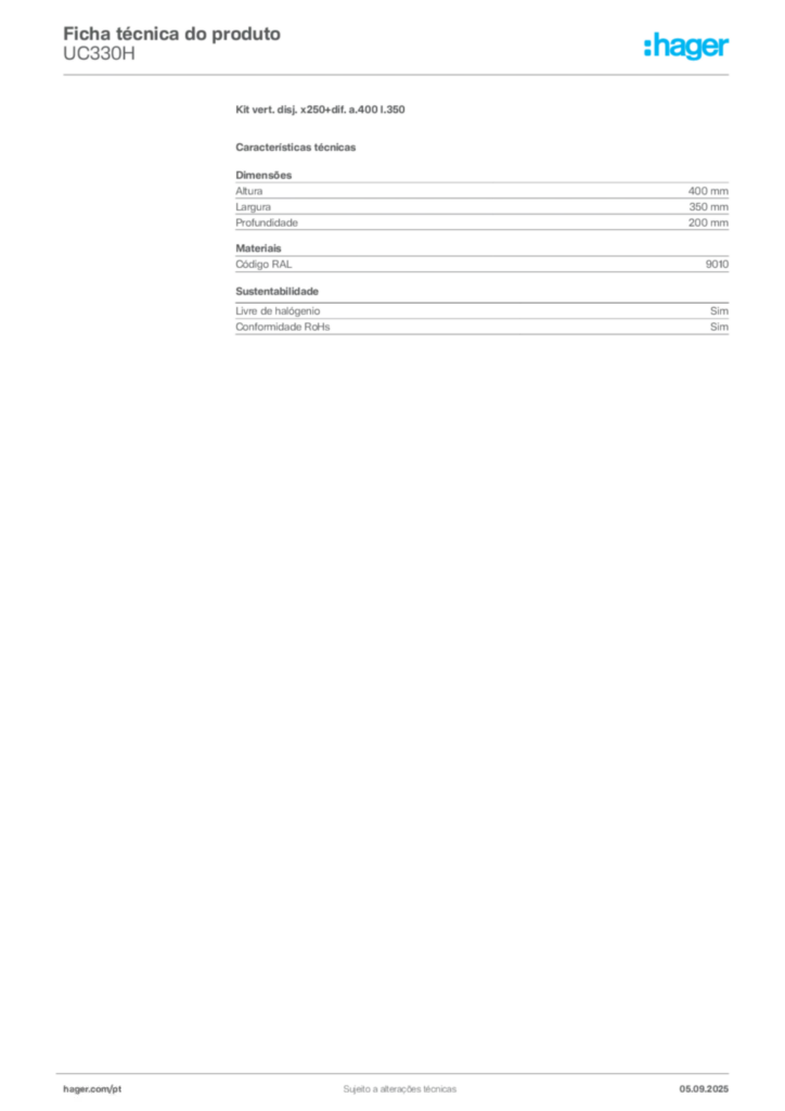 Imagem Hager Ficha técnica do produto UC330H | Hager Portugal