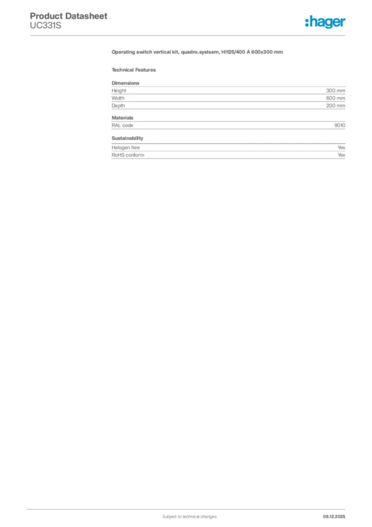 Image Hager Product data sheet UC331S  | Hager Africa