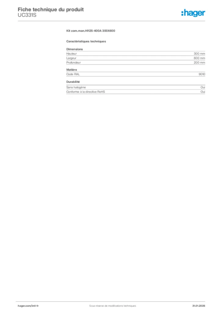 Image Hager Fiche technique du produit UC331S | Hager Afrique