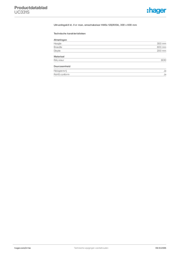 Afbeelding Hager Productdatablad UC331S | Hager Belgium