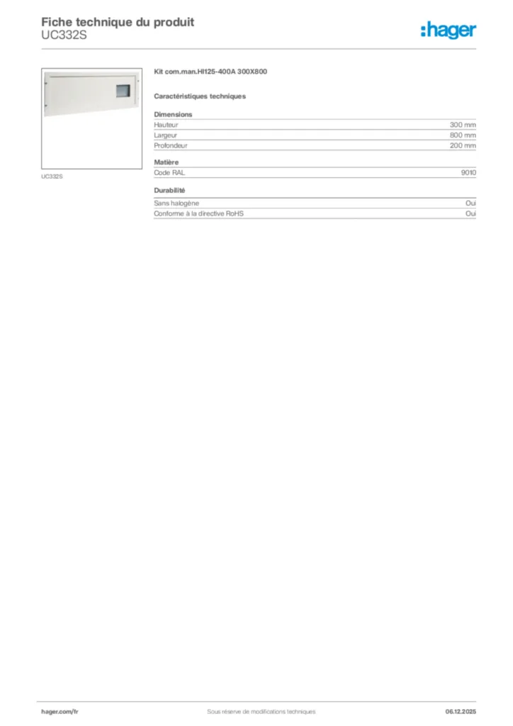 Image Hager Fiche technique du produit UC332S | Hager France