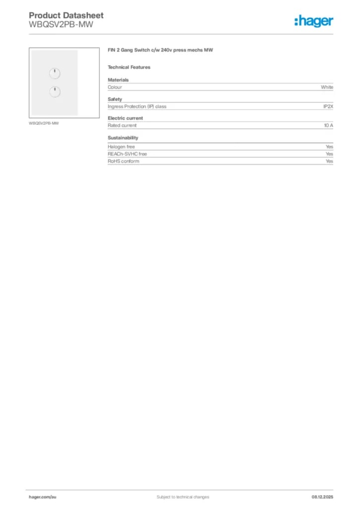 Image Hager Product data sheet WBQSV2PB-MW  | Hager Australia