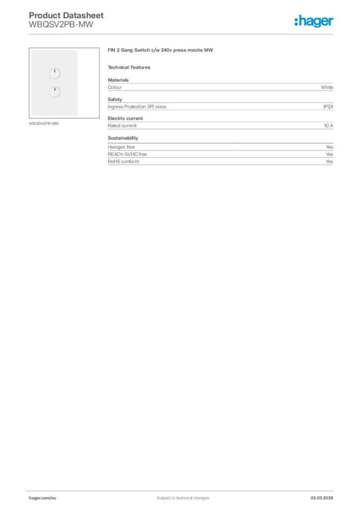 Image Hager Product data sheet WBQSV2PB-MW  | Hager Australia
