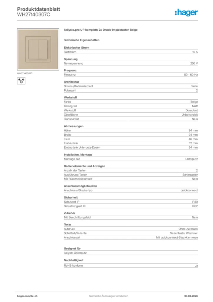 Bild Hager Produktdatenblatt WH27140307C | Hager Schweiz