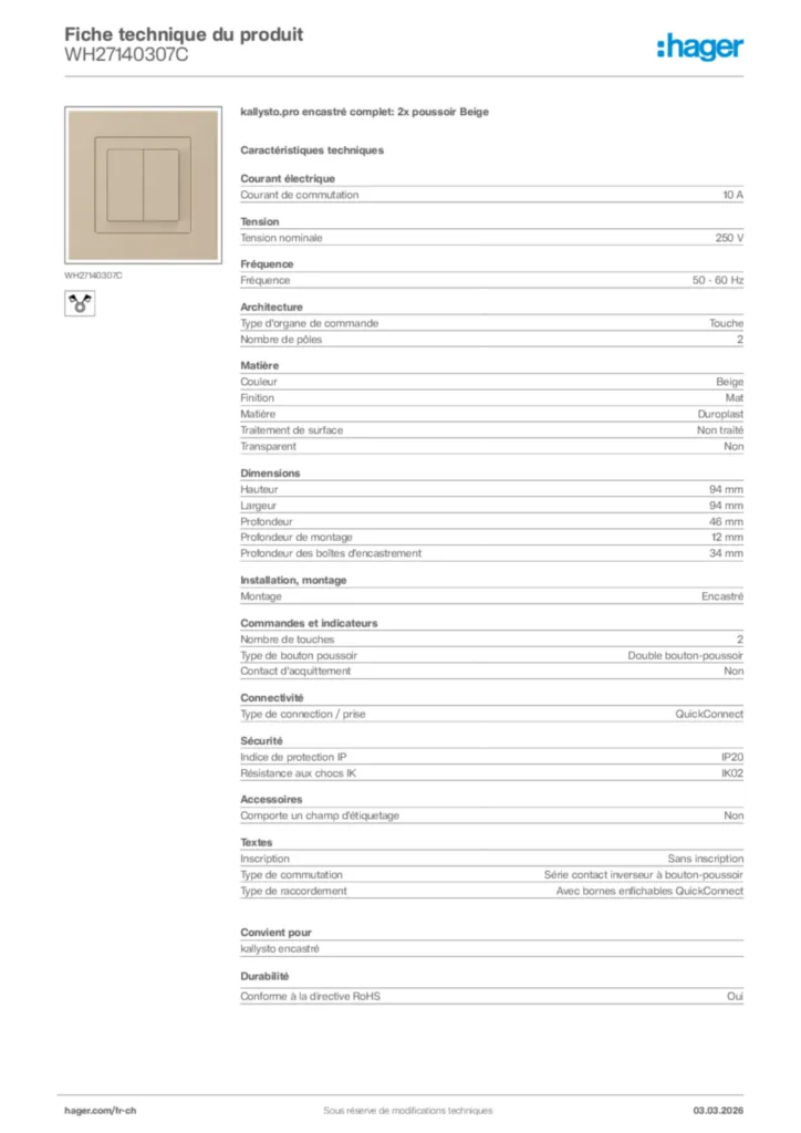 Image Hager Fiche technique du produit WH27140307C | Hager Suisse