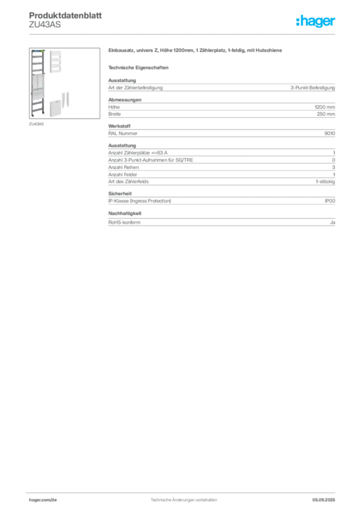 Bild Hager Produktdatenblatt ZU43AS | Hager Deutschland