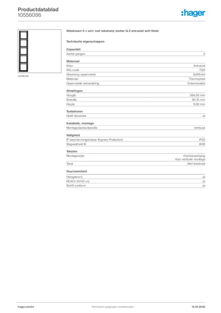 Afbeelding Hager Productdatablad 10556086 | Hager Nederland