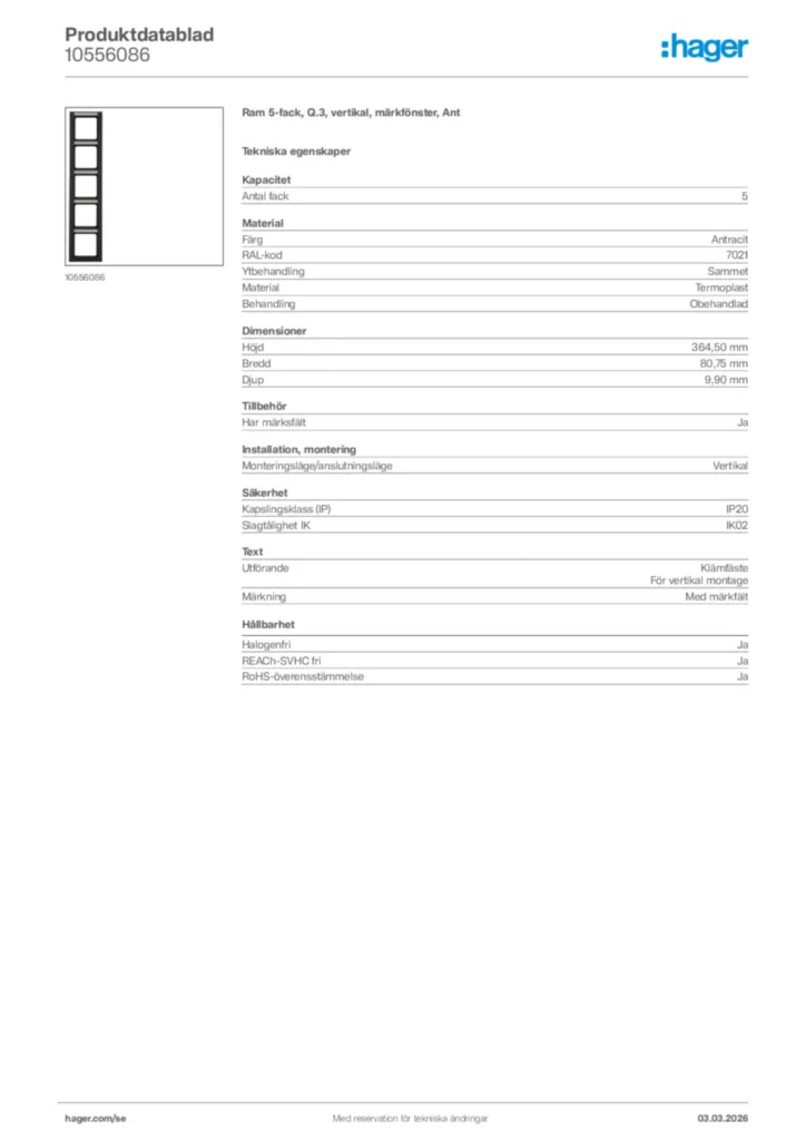 Bild Hager Produktdatablad 10556086 | Hager Sverige