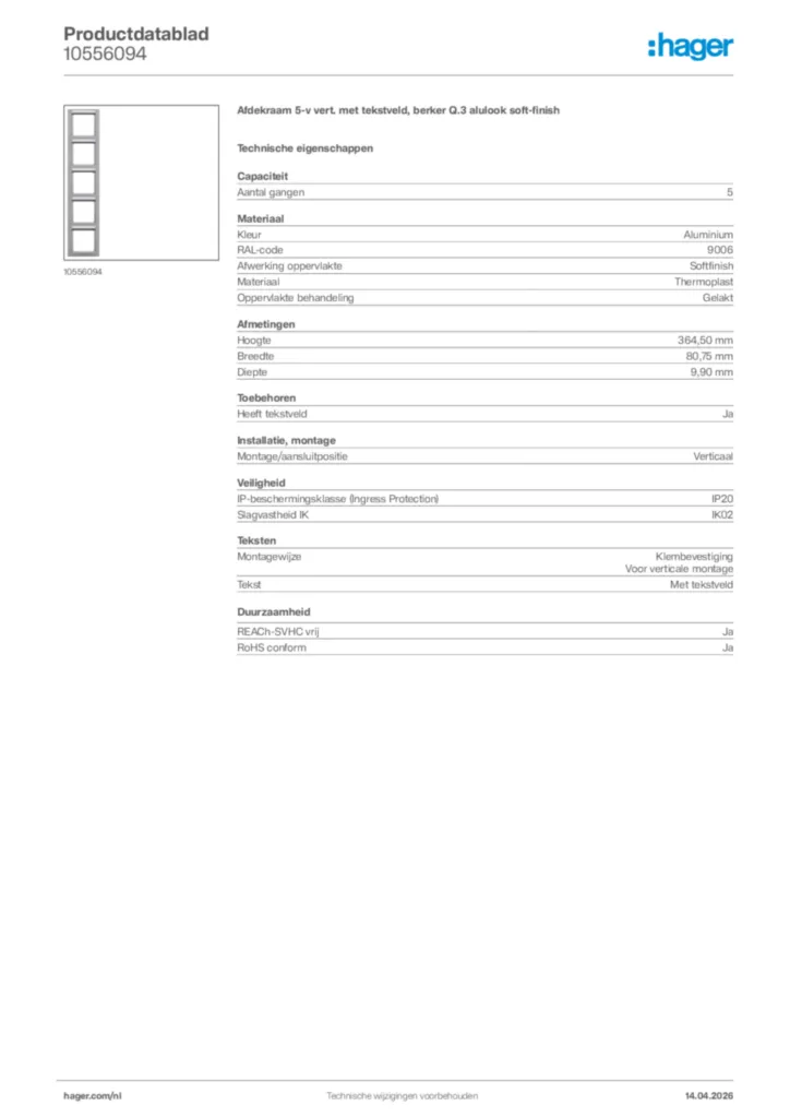 Afbeelding Hager Productdatablad 10556094 | Hager Nederland