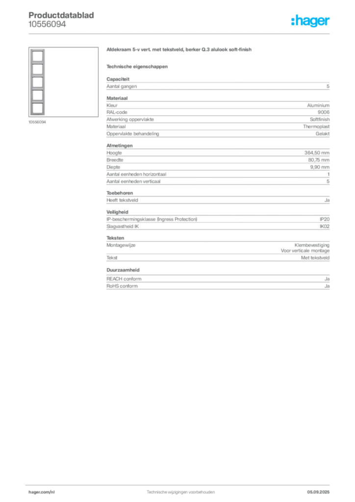 Afbeelding Hager Productdatablad 10556094 | Hager Nederland