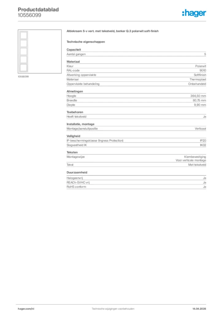Afbeelding Hager Productdatablad 10556099 | Hager Nederland