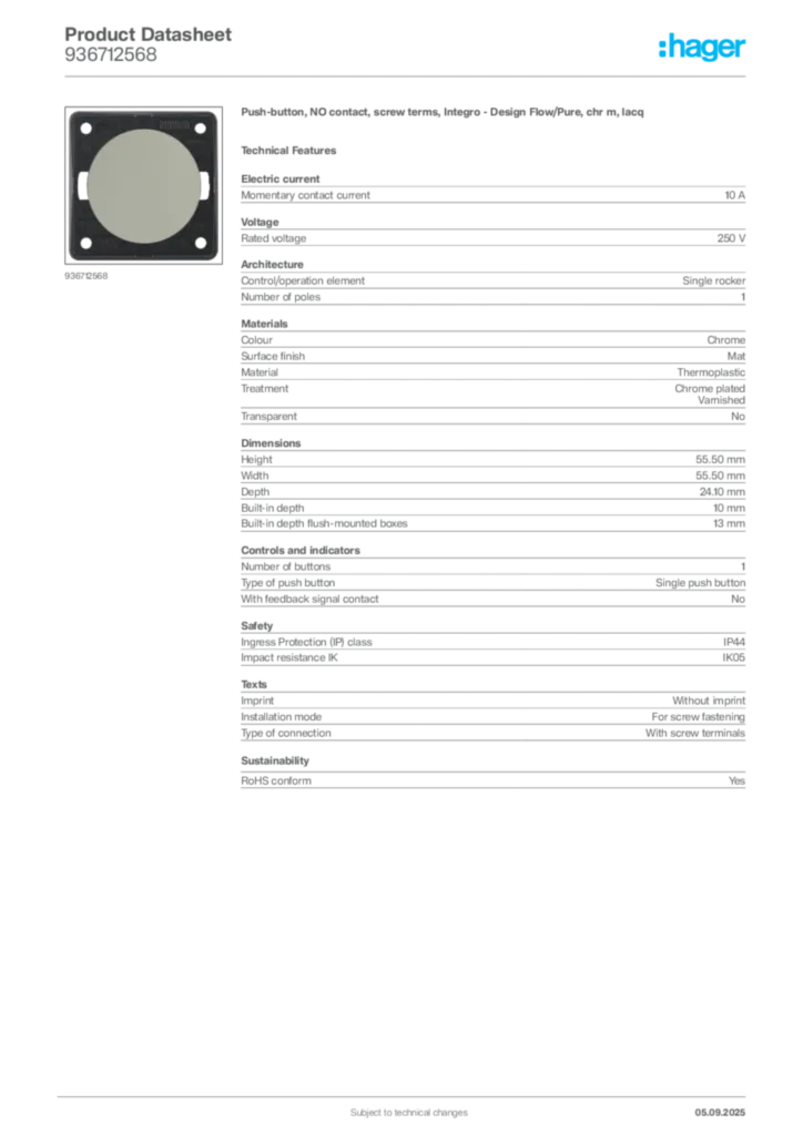 Image Hager Product data sheet 936712568  | Hager