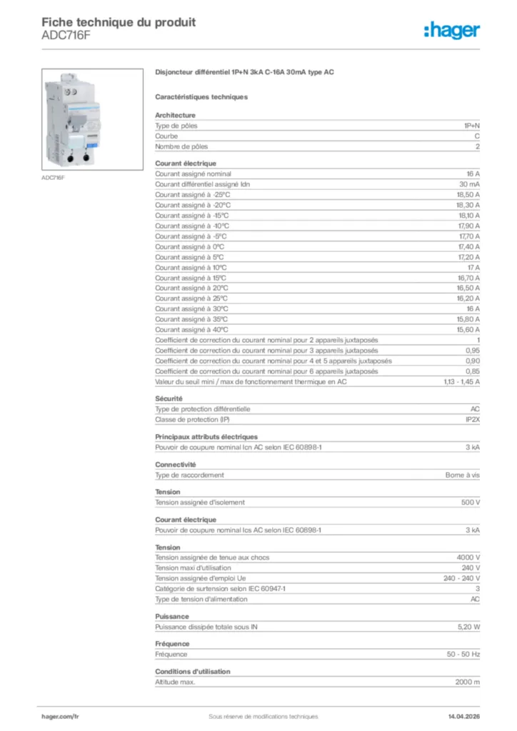 Image Hager Fiche technique du produit ADC716F | Hager France