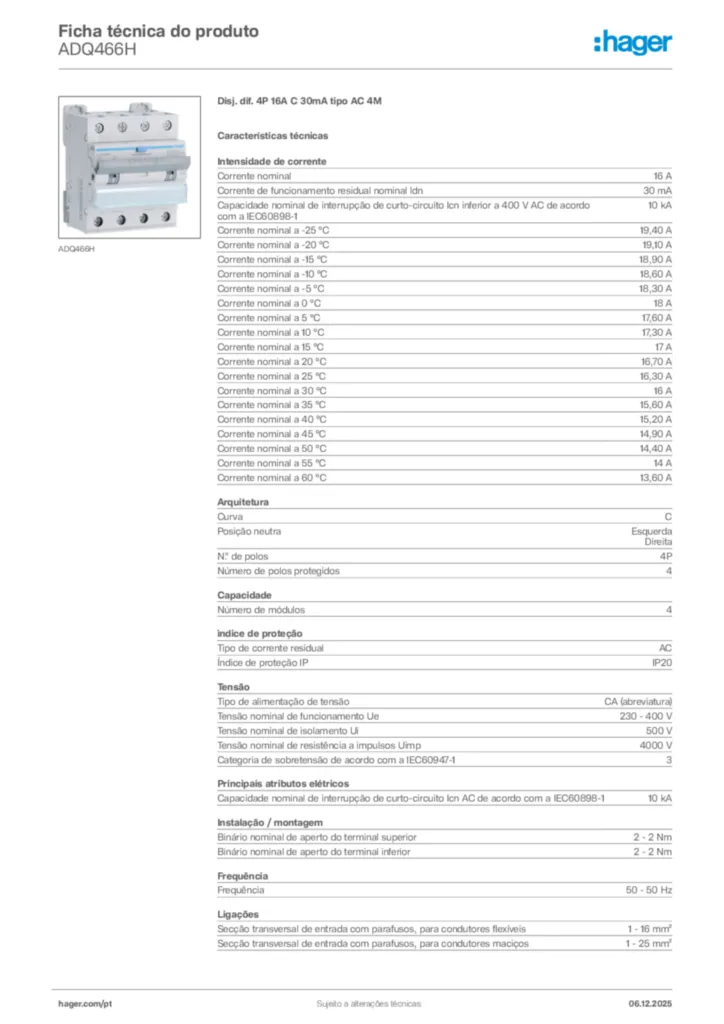 Imagem Hager Ficha técnica do produto ADQ466H | Hager Portugal