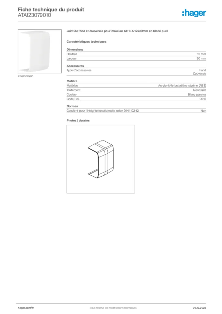 Image Hager Fiche technique du produit ATA123079010 | Hager France